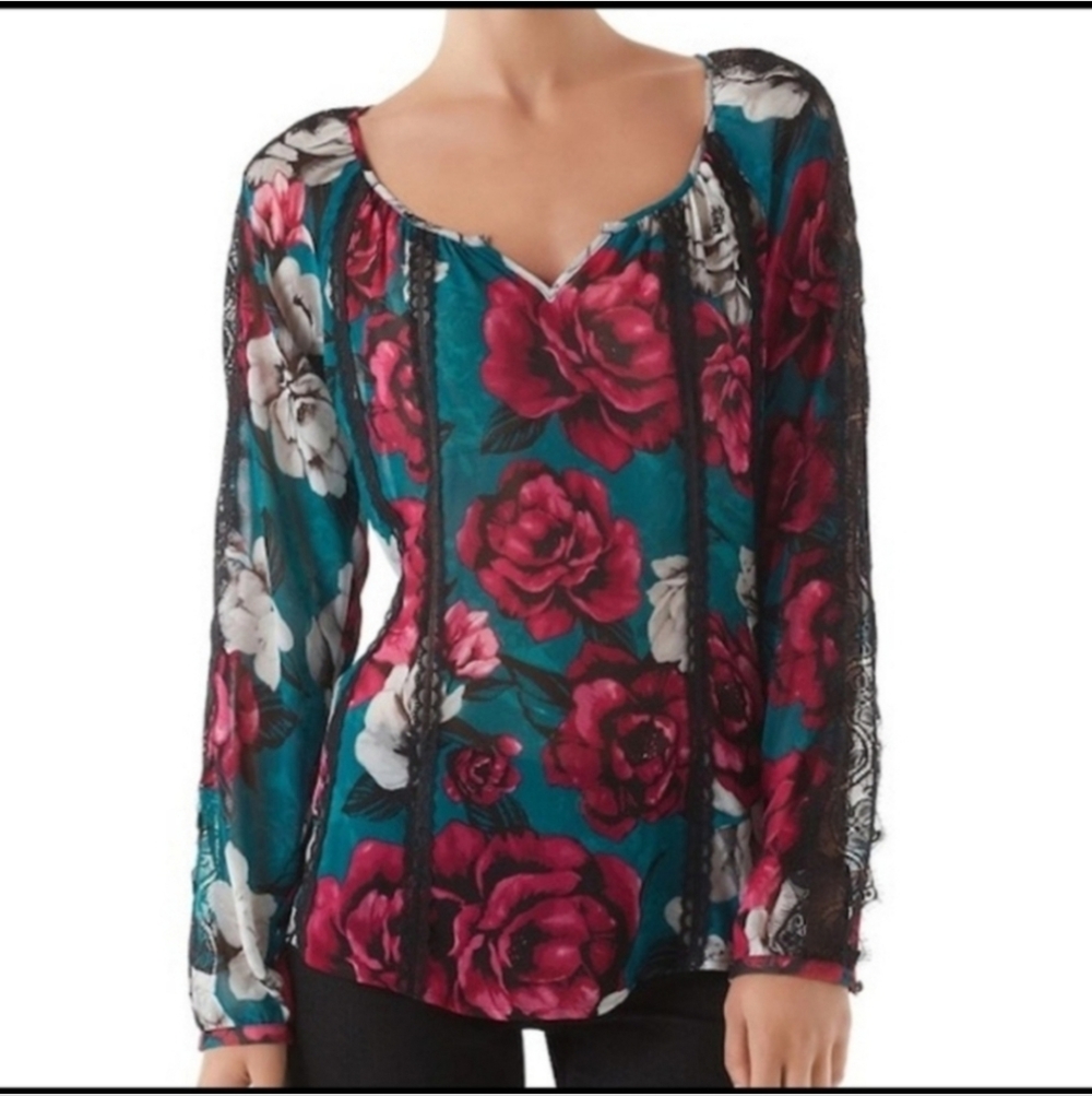 White House Black Market Beautiful Floral Top w/ Lace, Size XXS